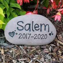 Load image into Gallery viewer, Pet memorial stone for cats, pet sympathy gift. Custom cat memorial stone engraved with the name of the pet, dates, paw print and hearts