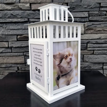 Load image into Gallery viewer, photo pet memorial lantern - pet sympathy gift - kimmer & co. personalized white carriage lantern with photos of your pet and heartfelt poem.