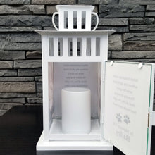 Load image into Gallery viewer, photo pet memorial lantern - pet sympathy gift - kimmer & co. personalized white carriage lantern with photos of your pet and heartfelt poem.