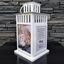 Load image into Gallery viewer, photo pet memorial lantern - pet sympathy gift - kimmer & co. personalized white carriage lantern with photos of your pet and heartfelt poem.