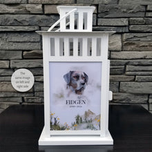 Load image into Gallery viewer, pet memorial lantern - pet sympathy gift - kimmer & co. white carriage lantern with a beautiful watercolour mountain scene. personalized with dog graphic and heartfelt poem