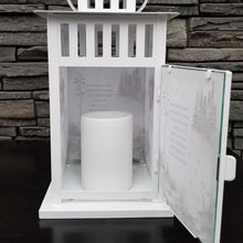 Load image into Gallery viewer, pet memorial lantern - pet sympathy gift - kimmer & co. white carriage lantern with a beautiful watercolour mountain scene. personalized with dog graphic and heartfelt poem