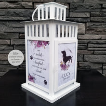 Load image into Gallery viewer, pet memorial lantern - pet sympathy gift - kimmer & co. white carriage lantern with a pretty watercolour floral design. personalized with dog graphic and heartfelt poem.