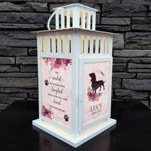 Load image into Gallery viewer, pet memorial lantern - pet sympathy gift - kimmer & co. white carriage lantern with a pretty watercolour floral design. personalized with dog graphic and heartfelt poem.