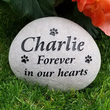 Load image into Gallery viewer, Pet memorial stone for cats, pet sympathy gift.  Personalized cat memorial stone engraved with forever in our hearts inscription, the cat's name and paw prints
